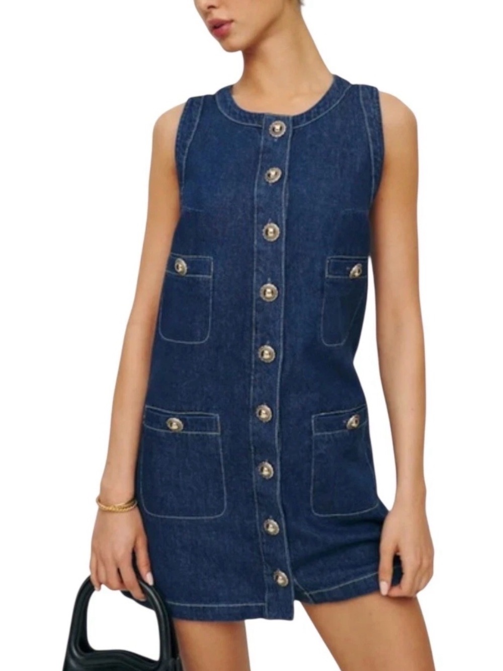Revolve Reformation Tropez Denim Mini Dress Blue Old Money Gold
Buttons Pockets